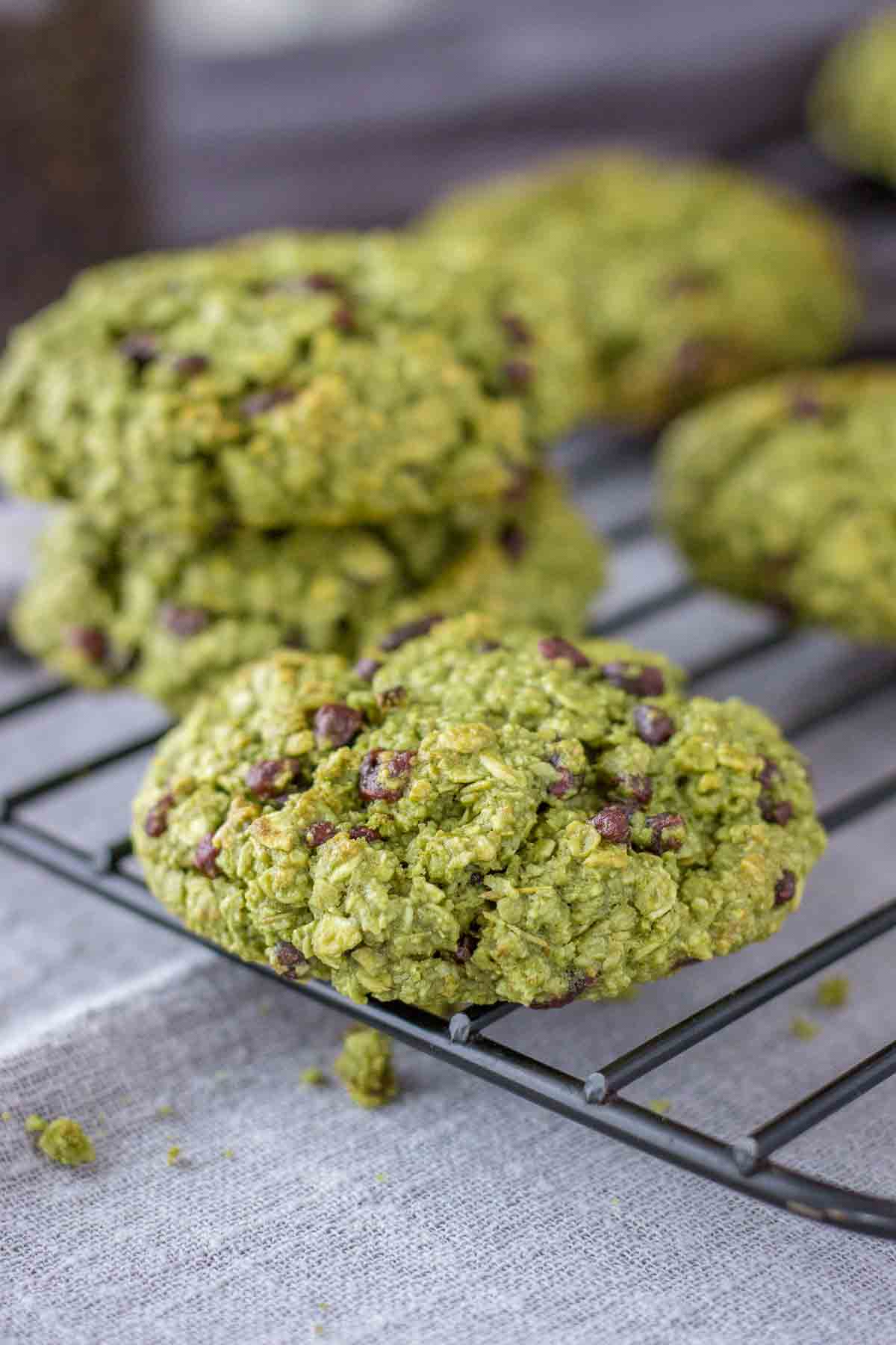 Matcha Chocolate Chip Cookies on a cooling rack