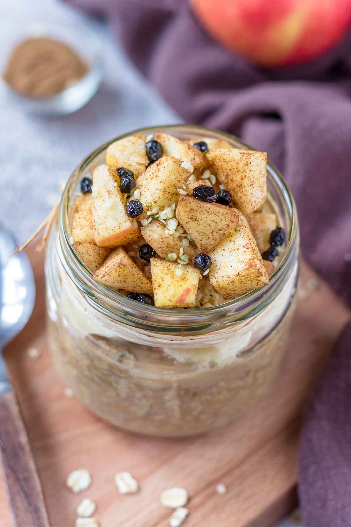 Apple and cinnamon overnight oats served in a jar