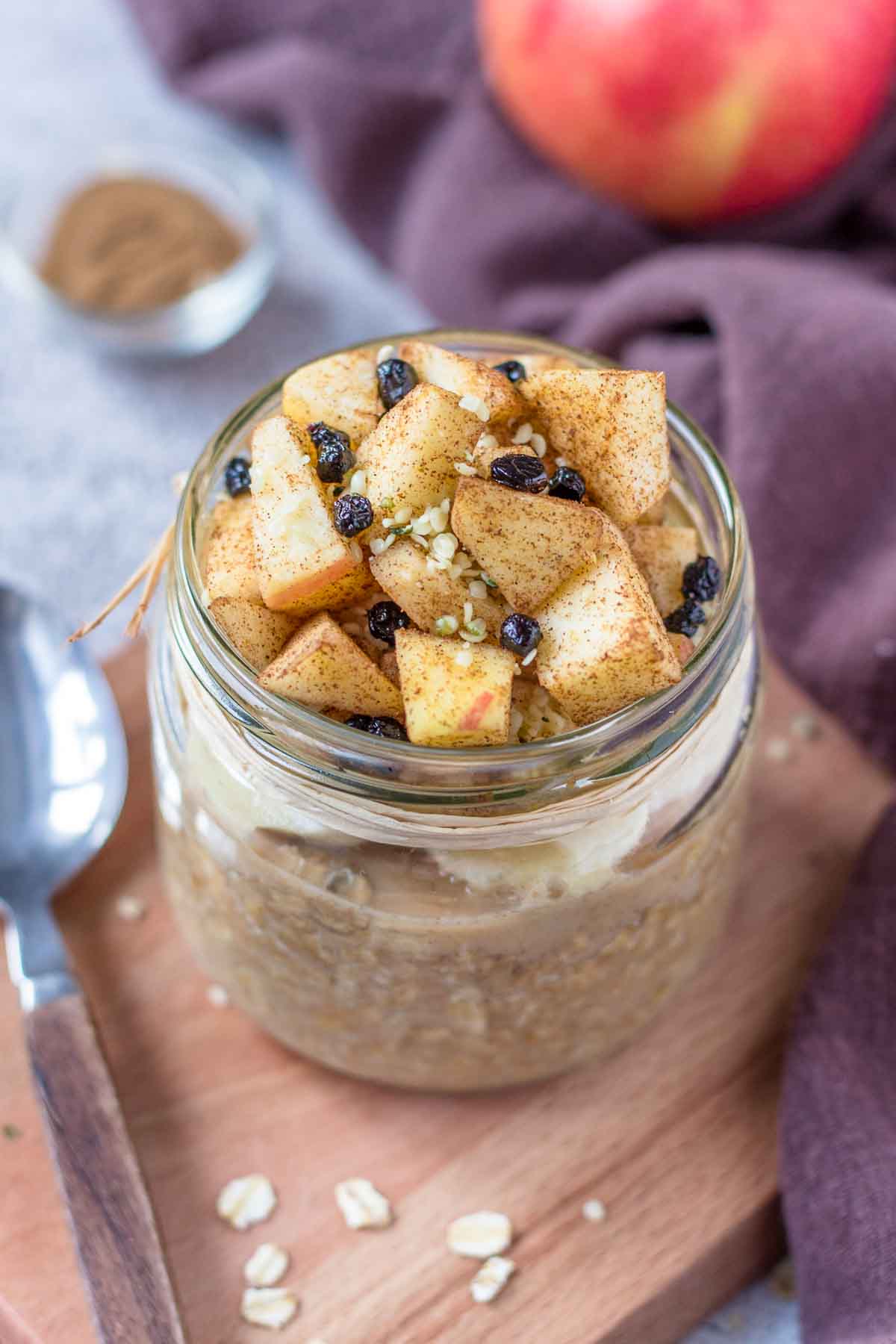 Apple and cinnamon overnight oats served in a jar