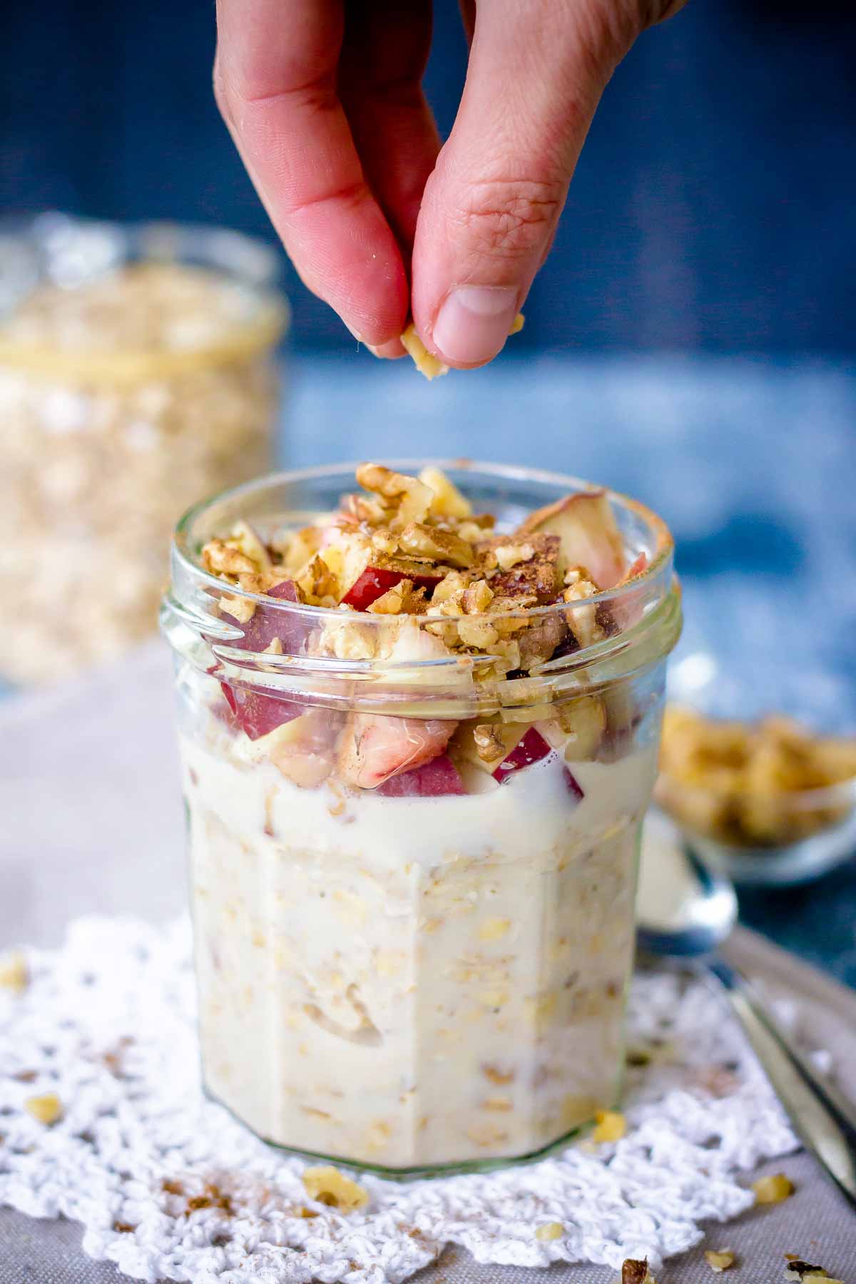 Peach Overnight Oats served in a glass jar