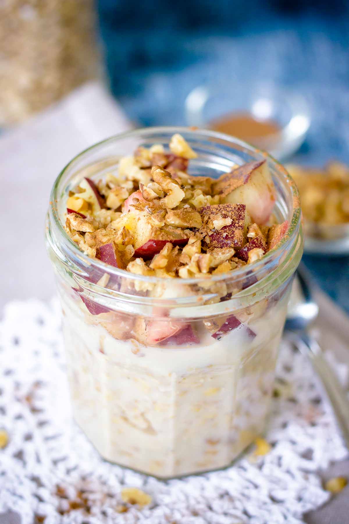 Peach Overnight Oats served in a glass jar