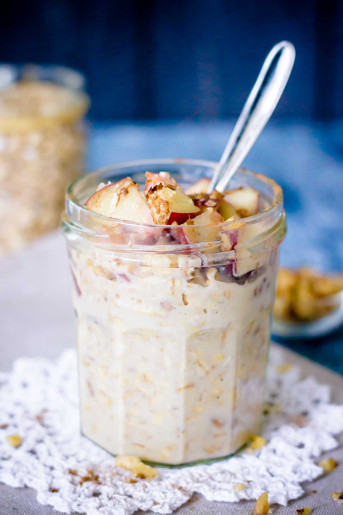 Peach Overnight Oats served in a glass jar