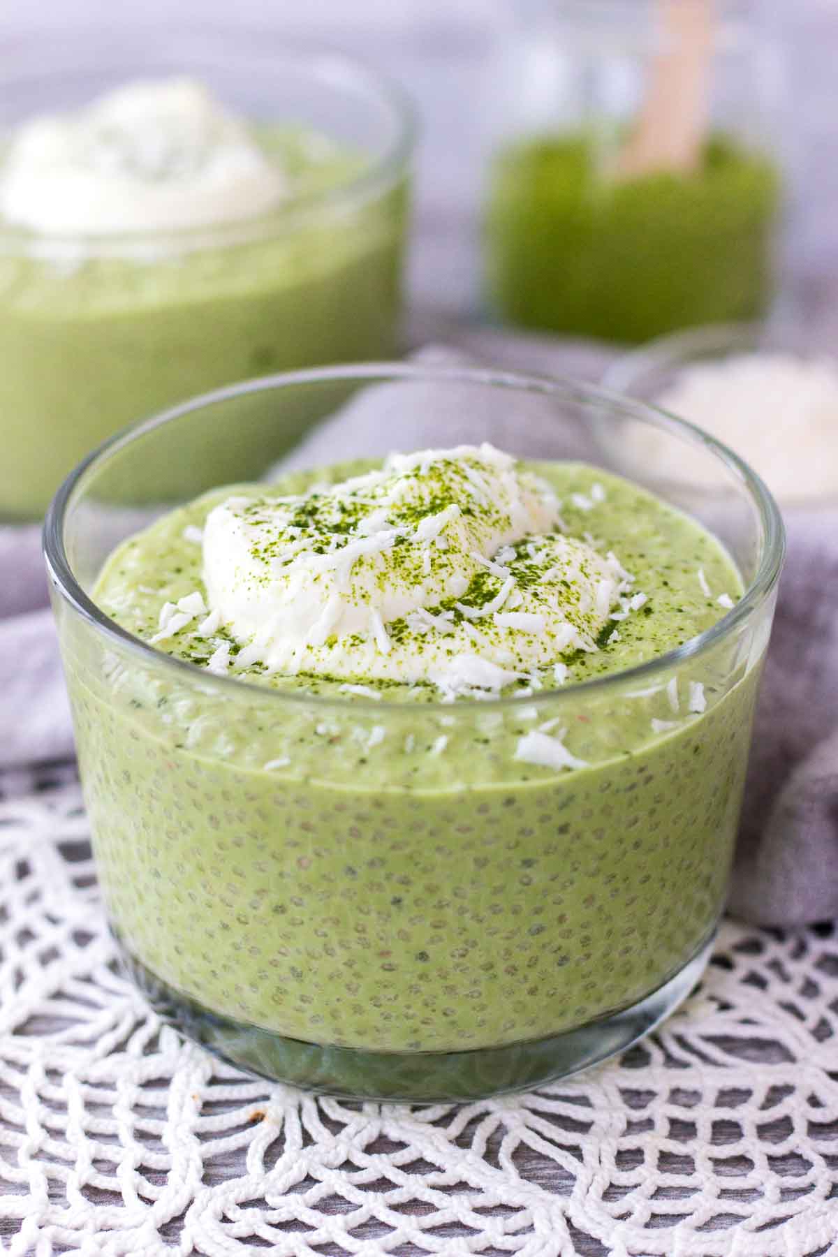 Matcha Chia Pudding in a bowl topped with yogurt