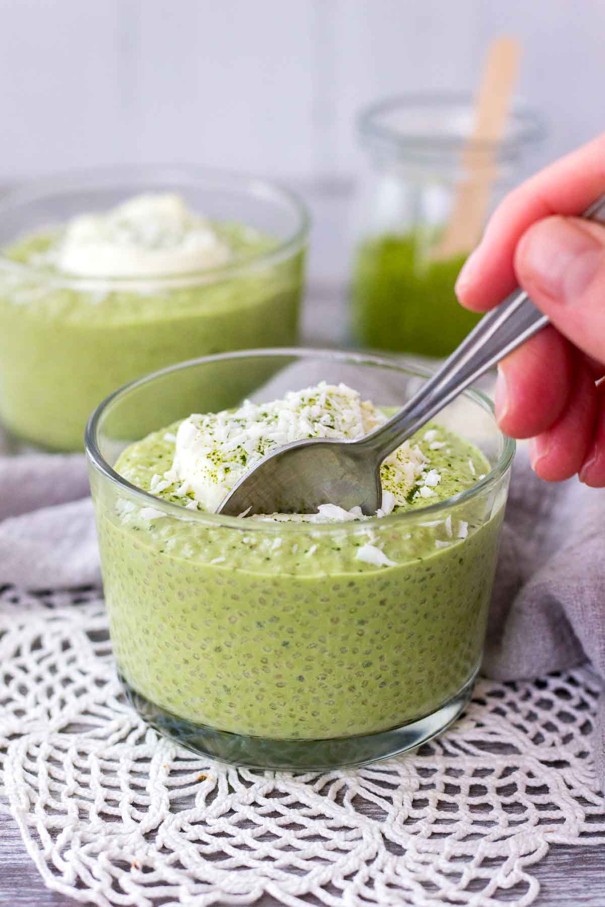 Matcha Chia Pudding in a bowl topped with yogurt