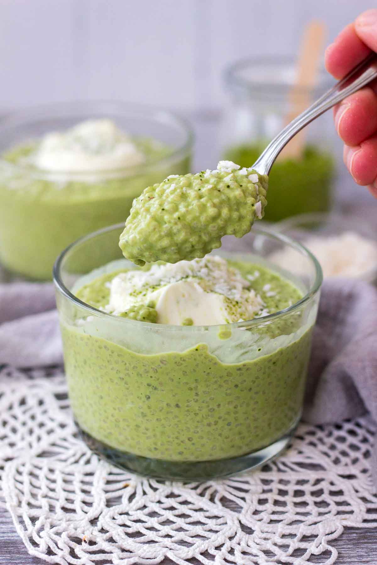 Matcha Chia Pudding in a bowl topped with yogurt